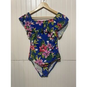 Kona Sol Size S ~ One Piece Swimsuit ~ Blue Tropical Floral Flounce Neckline K43